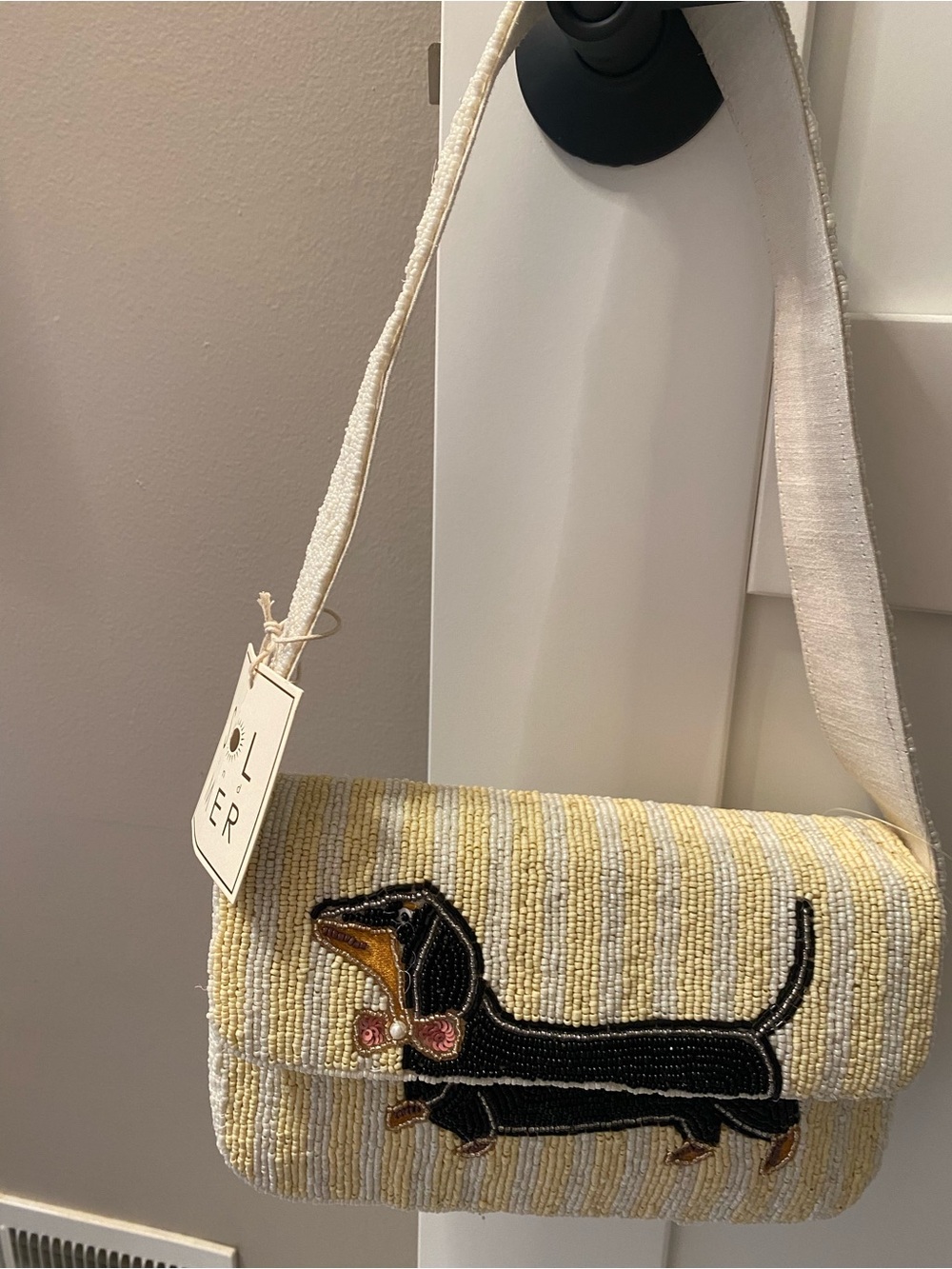 Beaded Dachshund Shoulder Bag in Cream and Yellow